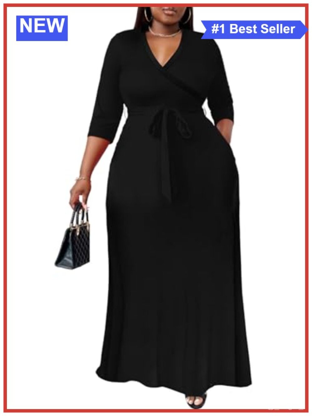 Plus Size Maxi Dress for Curvy Women 3/4 Sleeve Wrap Dress with Pockets